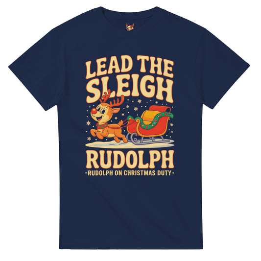 Unisex shirt with Rudolph design in black or navy.