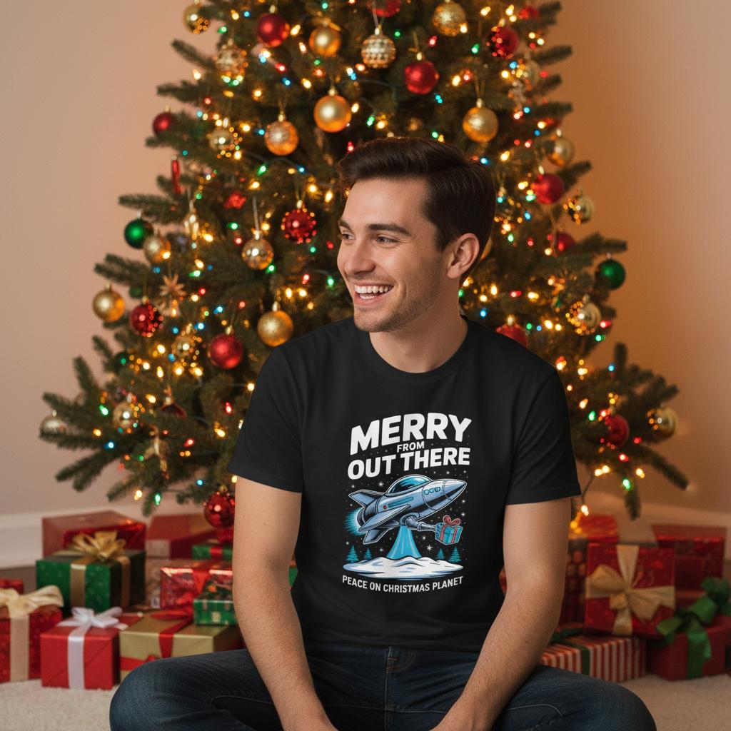 Unisex shirt with UFO and gift design in black or navy.