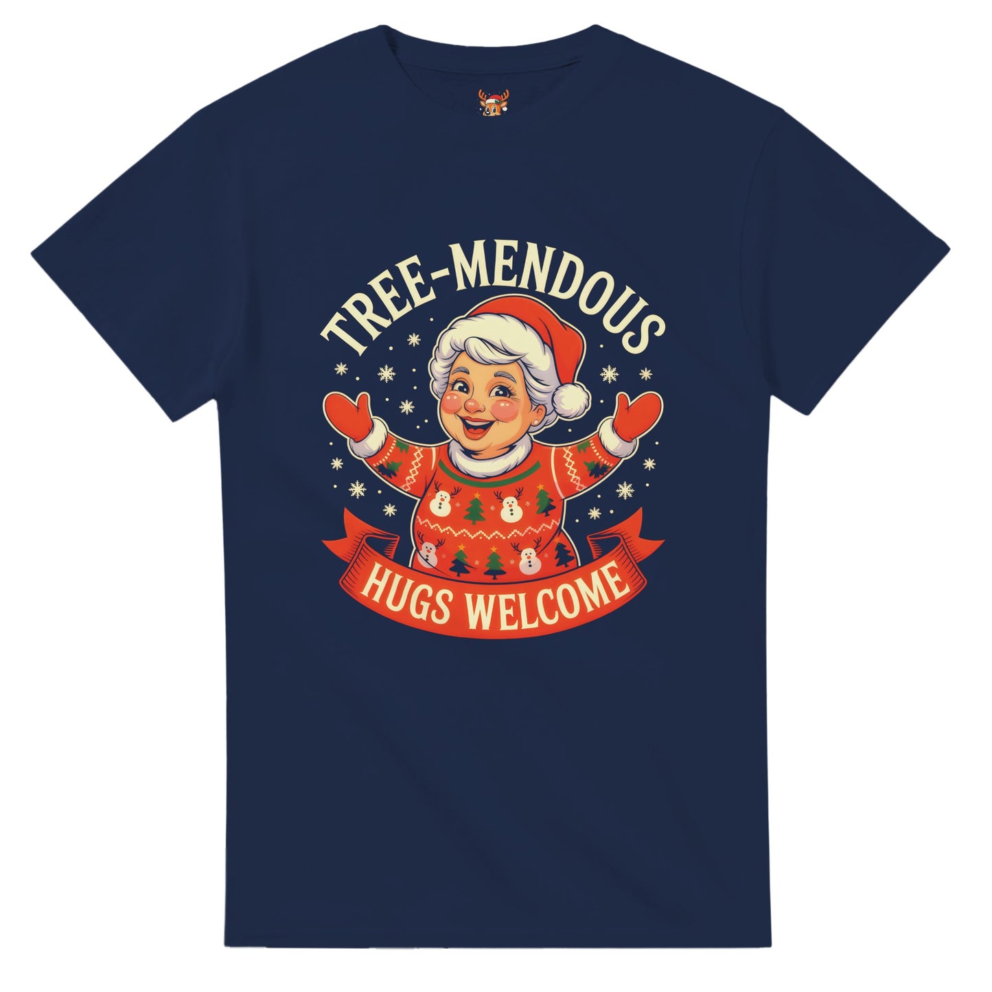 Unisex shirt with Mrs. Claus design in black or navy.