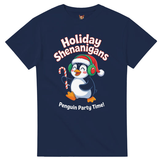 Unisex shirt with penguin design in black or navy.