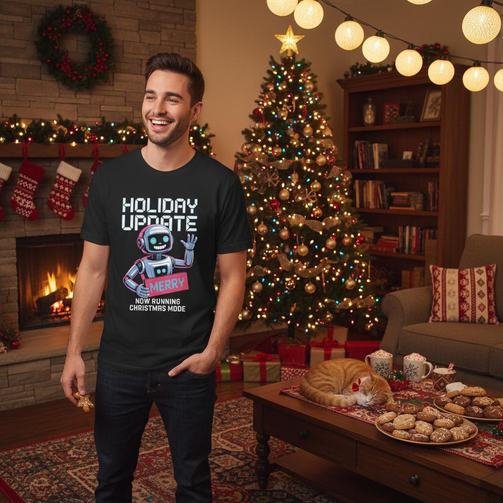 Unisex shirt with robot design in black or navy.