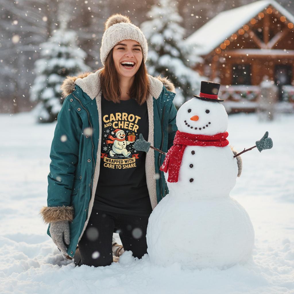 Unisex shirt with snowman design in black or navy.