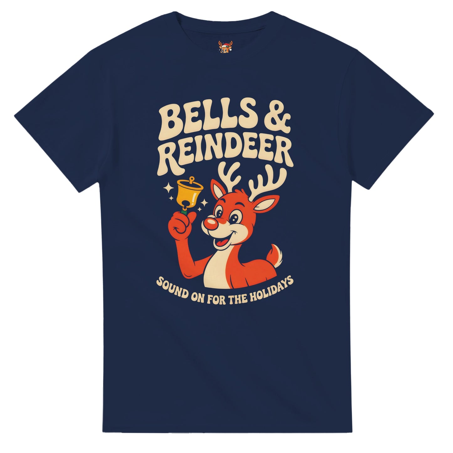 Unisex shirt with reindeer design in black or navy.