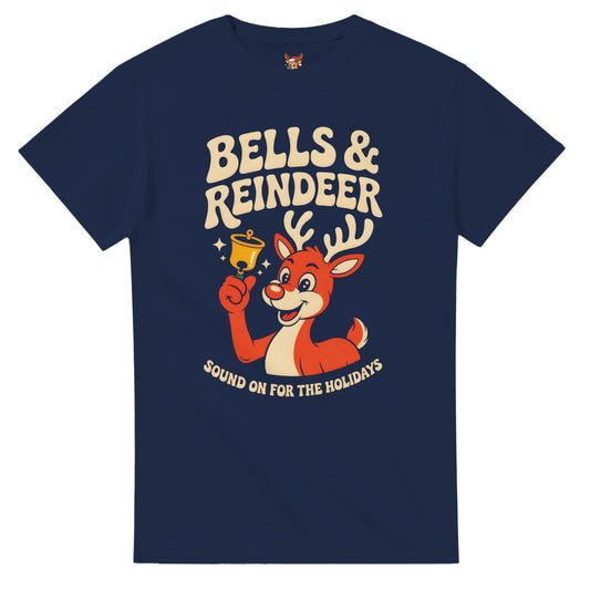 Unisex shirt with reindeer design in black or navy.