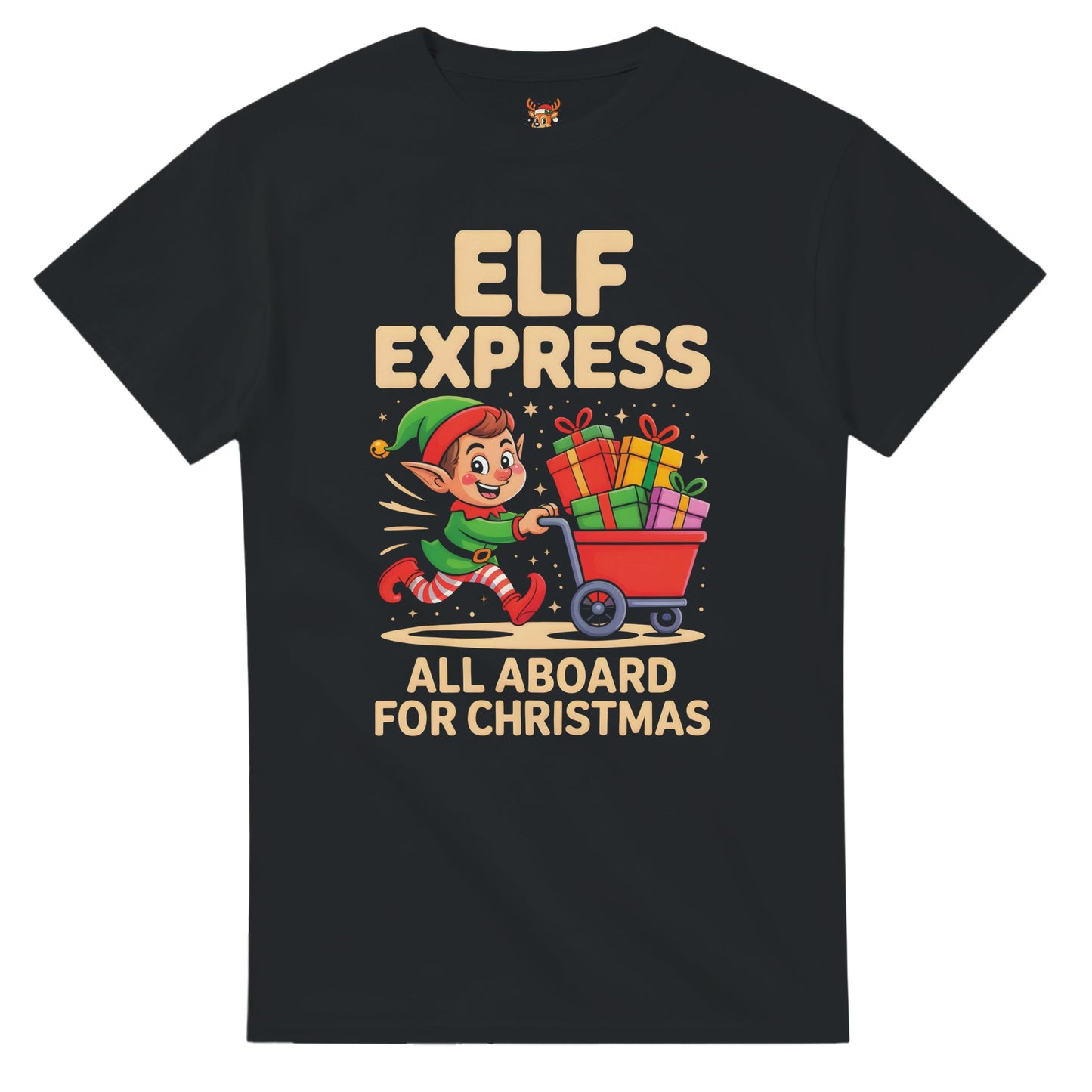 Unisex shirt with elf design in black or navy.