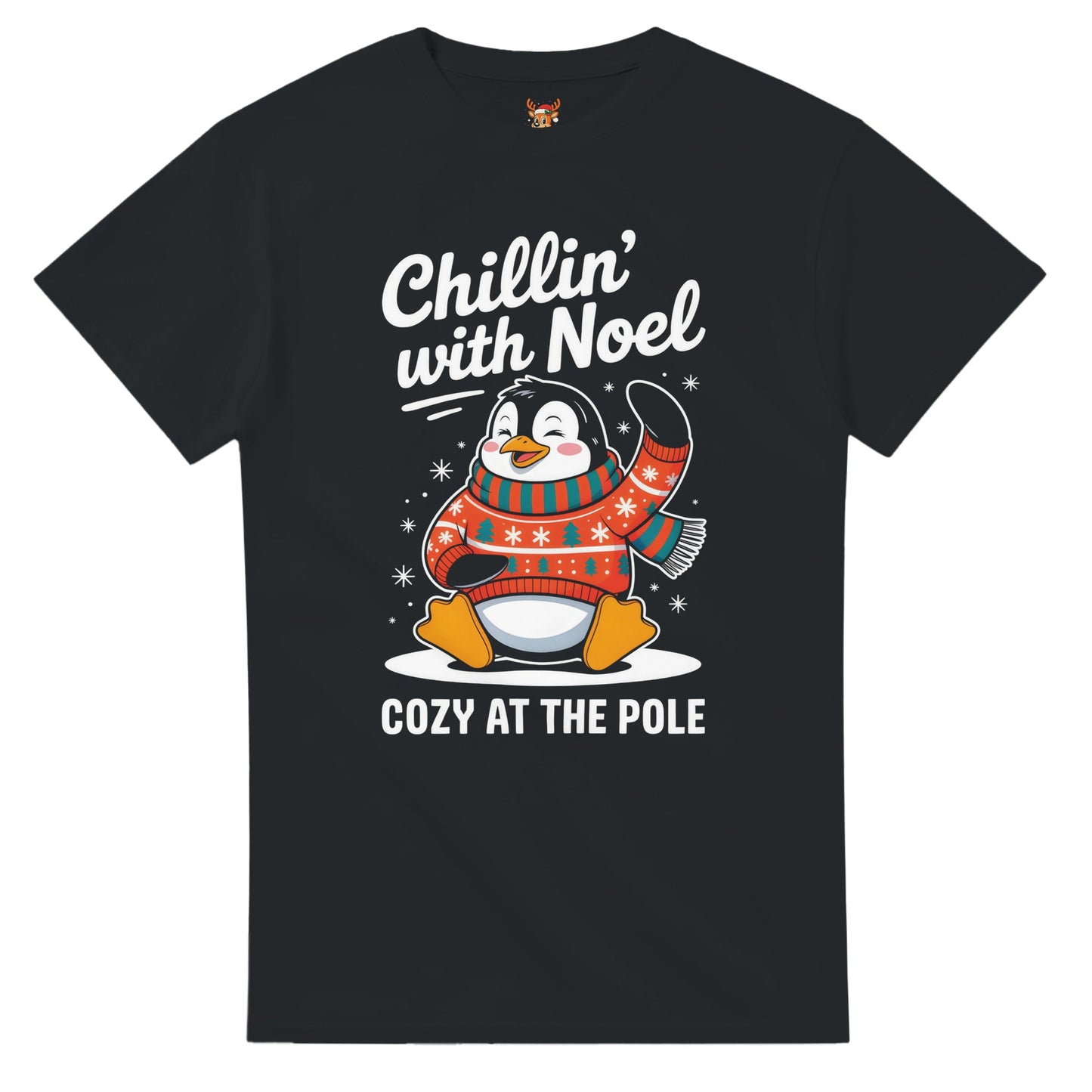 Unisex shirt with penguin design in black or navy.
