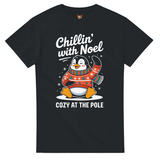 Unisex shirt with penguin design in black or navy.
