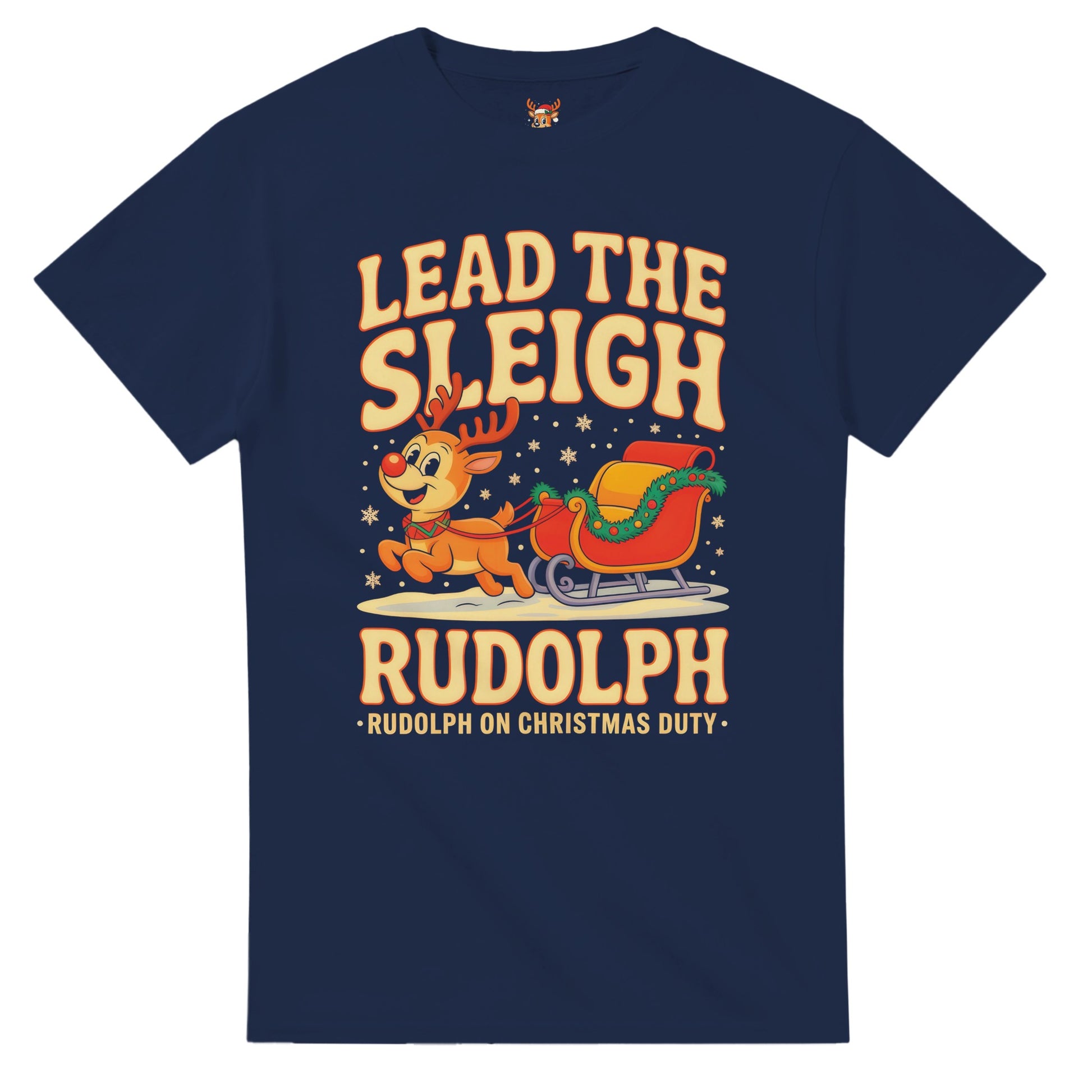 Unisex shirt with Rudolph design in black or navy.
