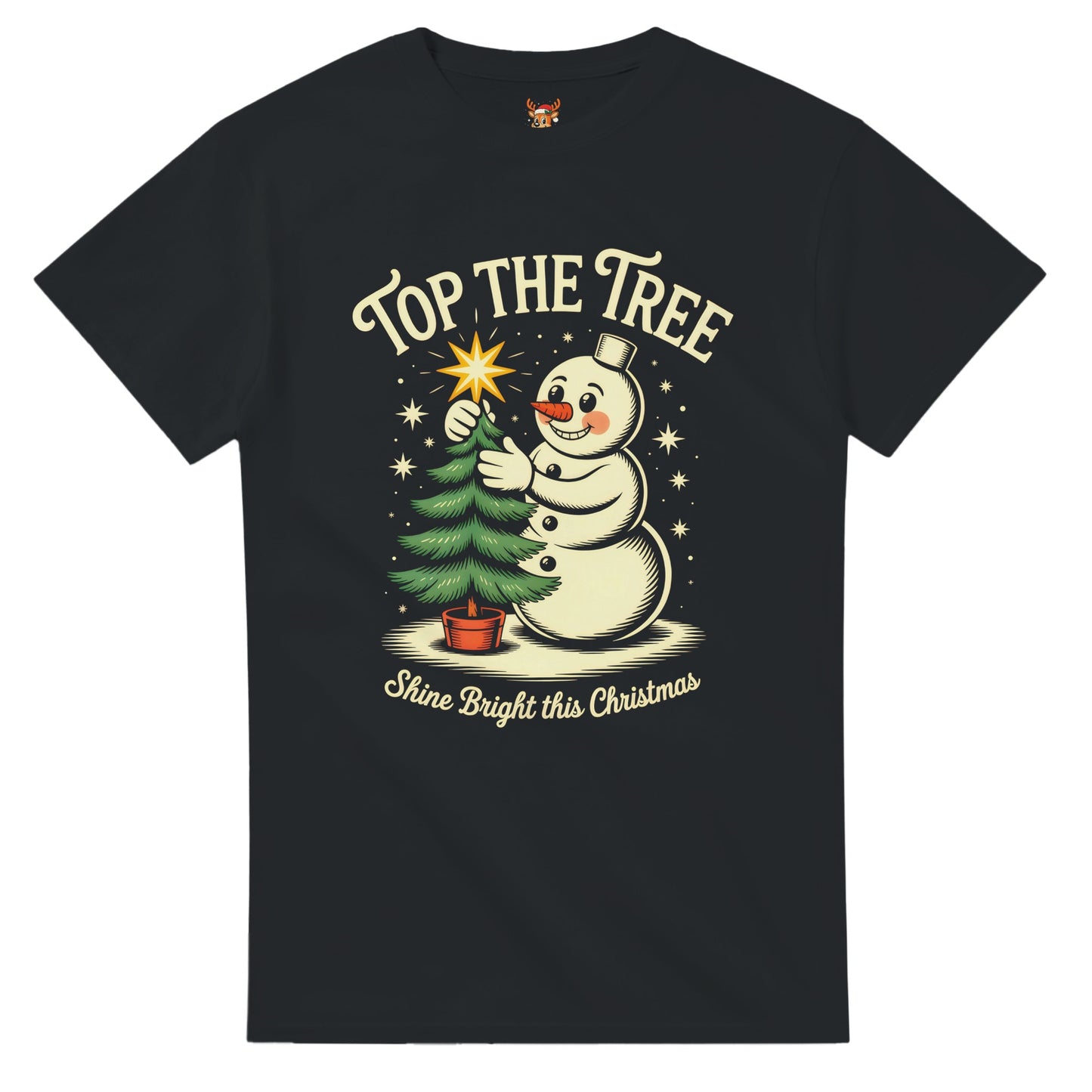 Unisex shirt with snowman design in black or navy.