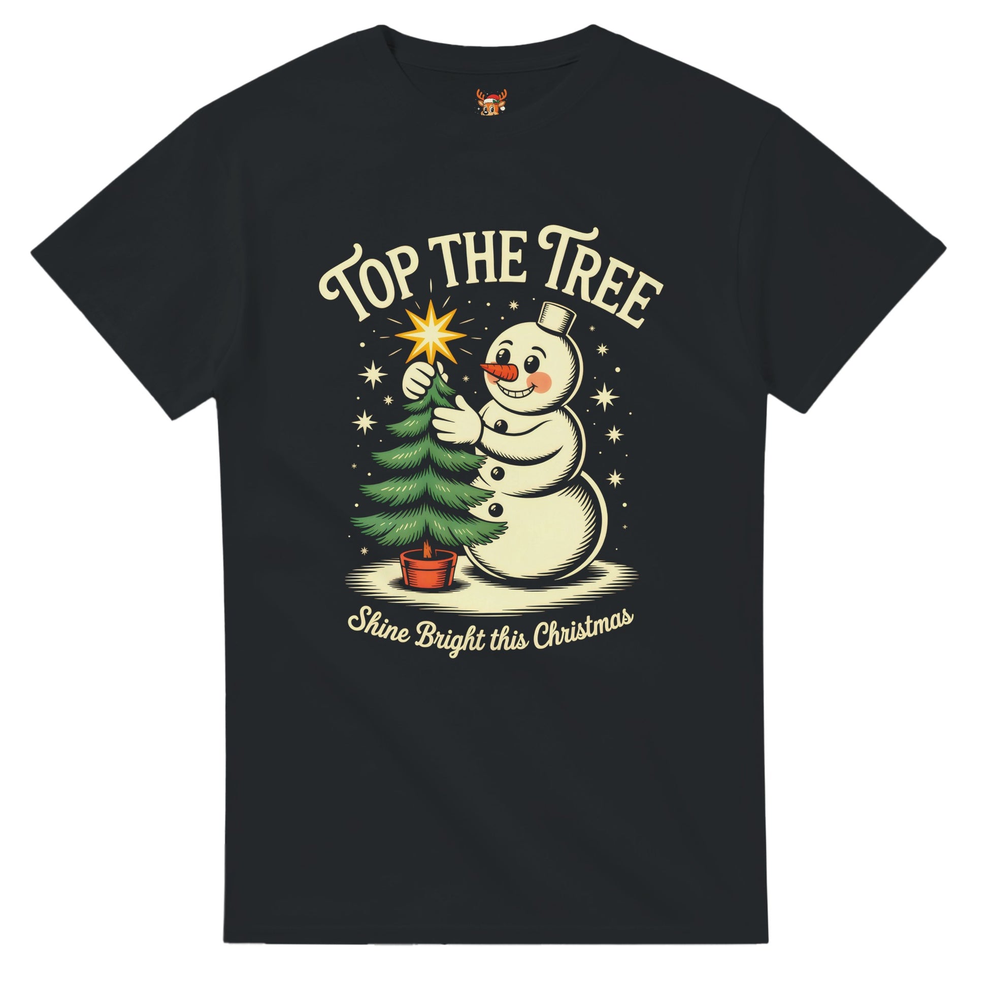 Unisex shirt with snowman design in black or navy.