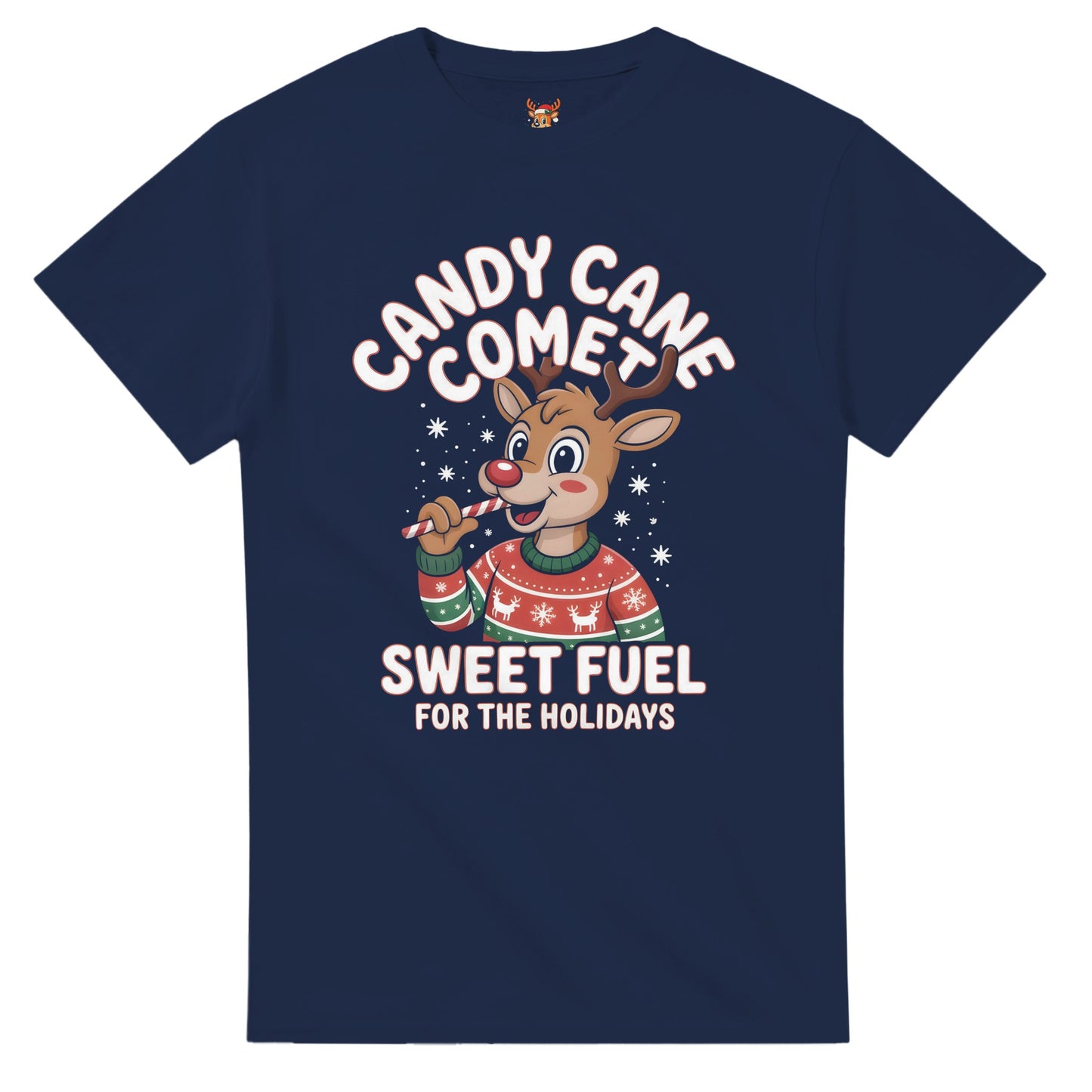 Unisex shirt with reindeer design in black or navy.