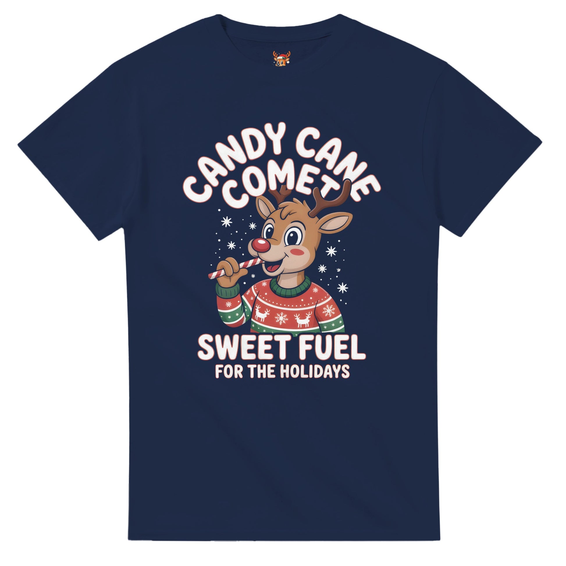 Unisex shirt with reindeer design in black or navy.