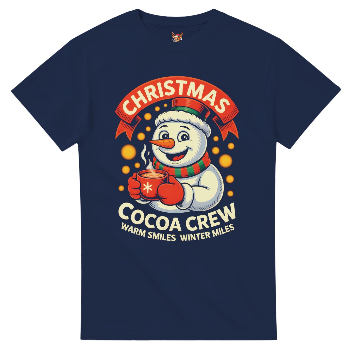 Unisex shirt with snowman design in black or navy.
