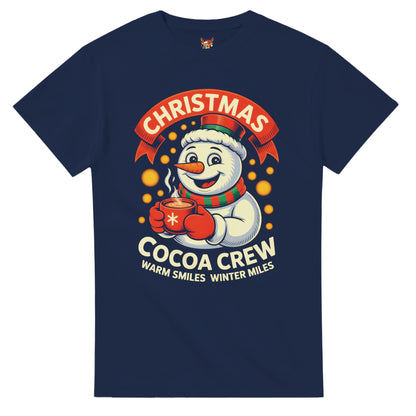 Unisex shirt with snowman design in black or navy.
