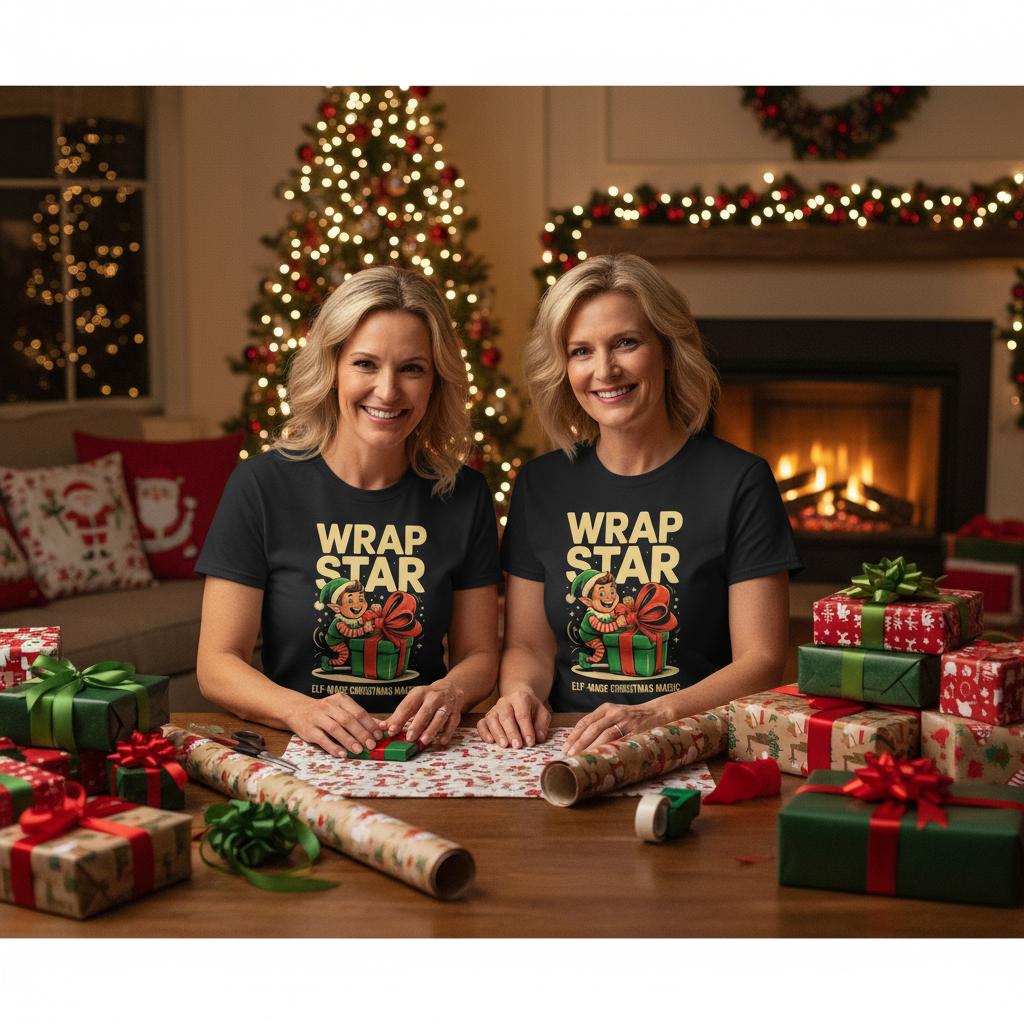 Unisex shirt with elf design in black or navy.