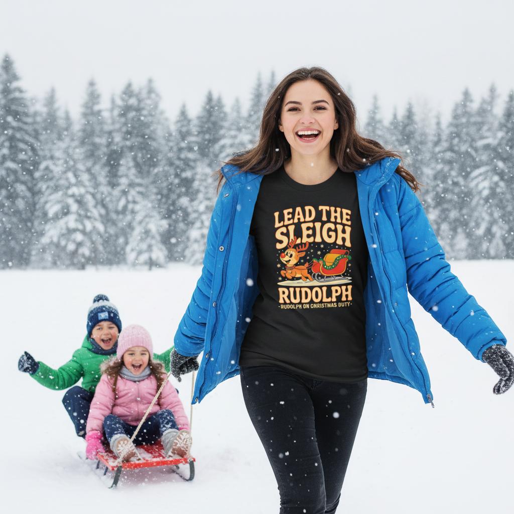 Unisex shirt with Rudolph design in black or navy.