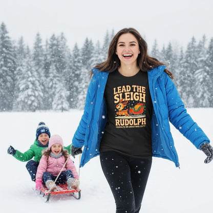 Unisex shirt with Rudolph design in black or navy.