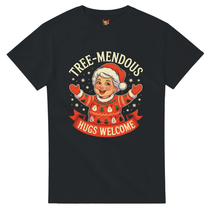 Unisex shirt with Mrs. Claus design in black or navy.