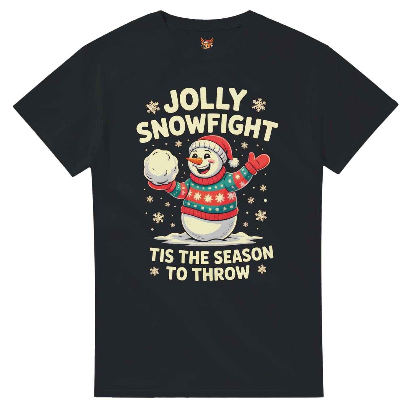 Unisex shirt with snowman design in black or navy.