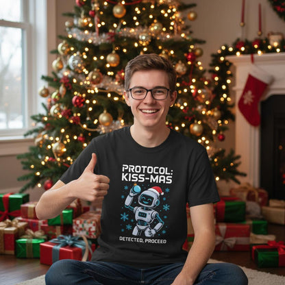 Unisex shirt with robot design in black or navy.