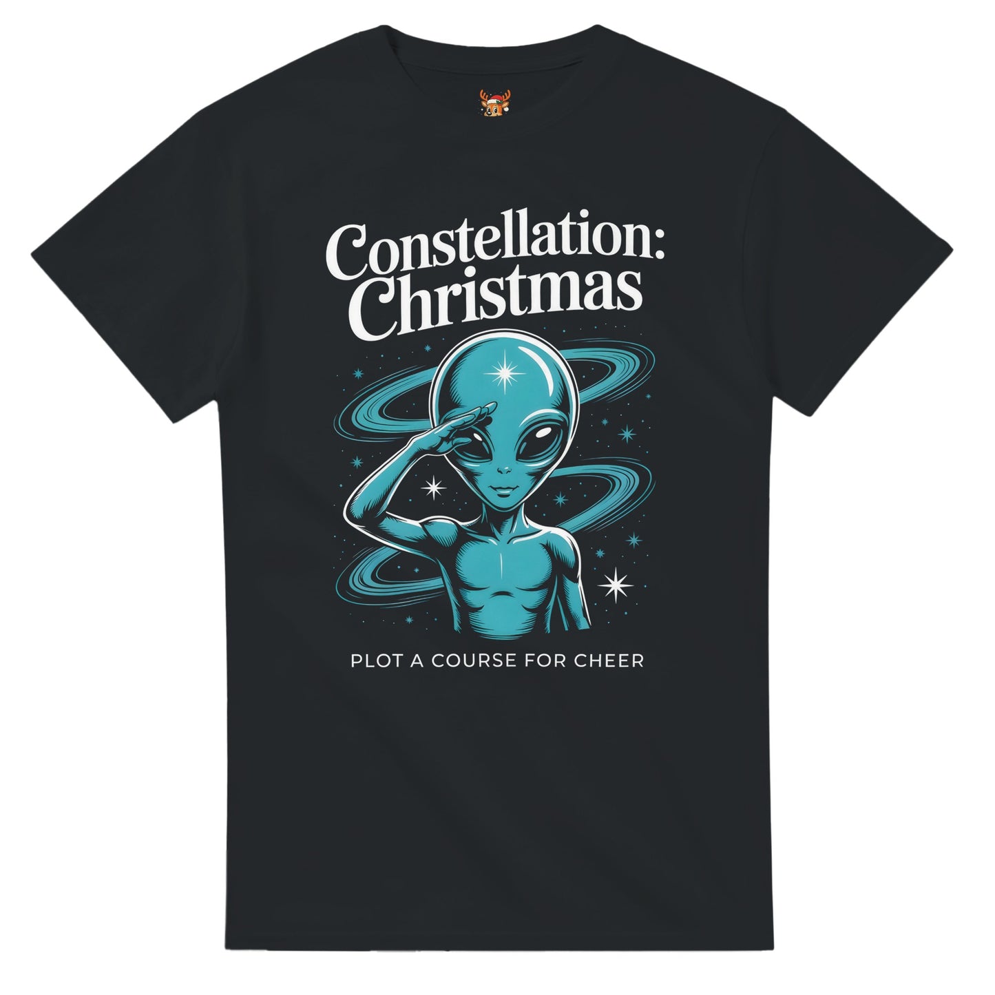 Unisex shirt with alien design in black or navy.