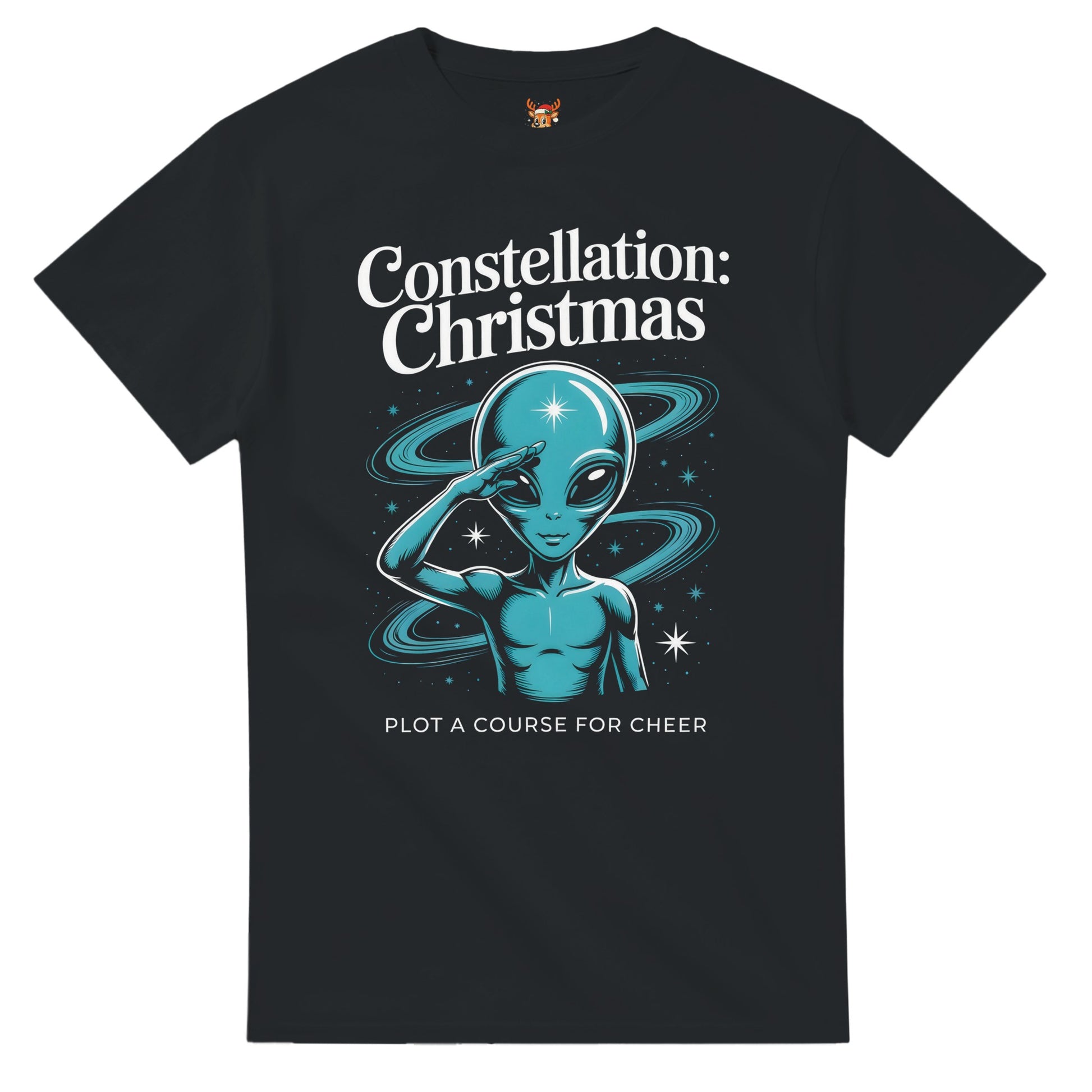 Unisex shirt with alien design in black or navy.