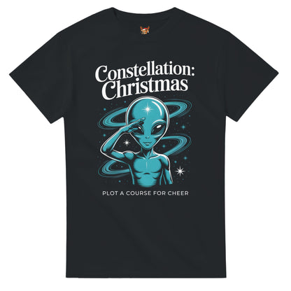 Unisex shirt with alien design in black or navy.