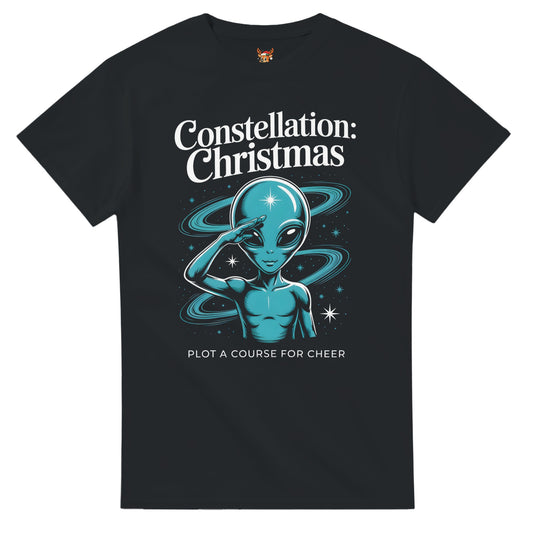 Unisex shirt with alien design in black or navy.