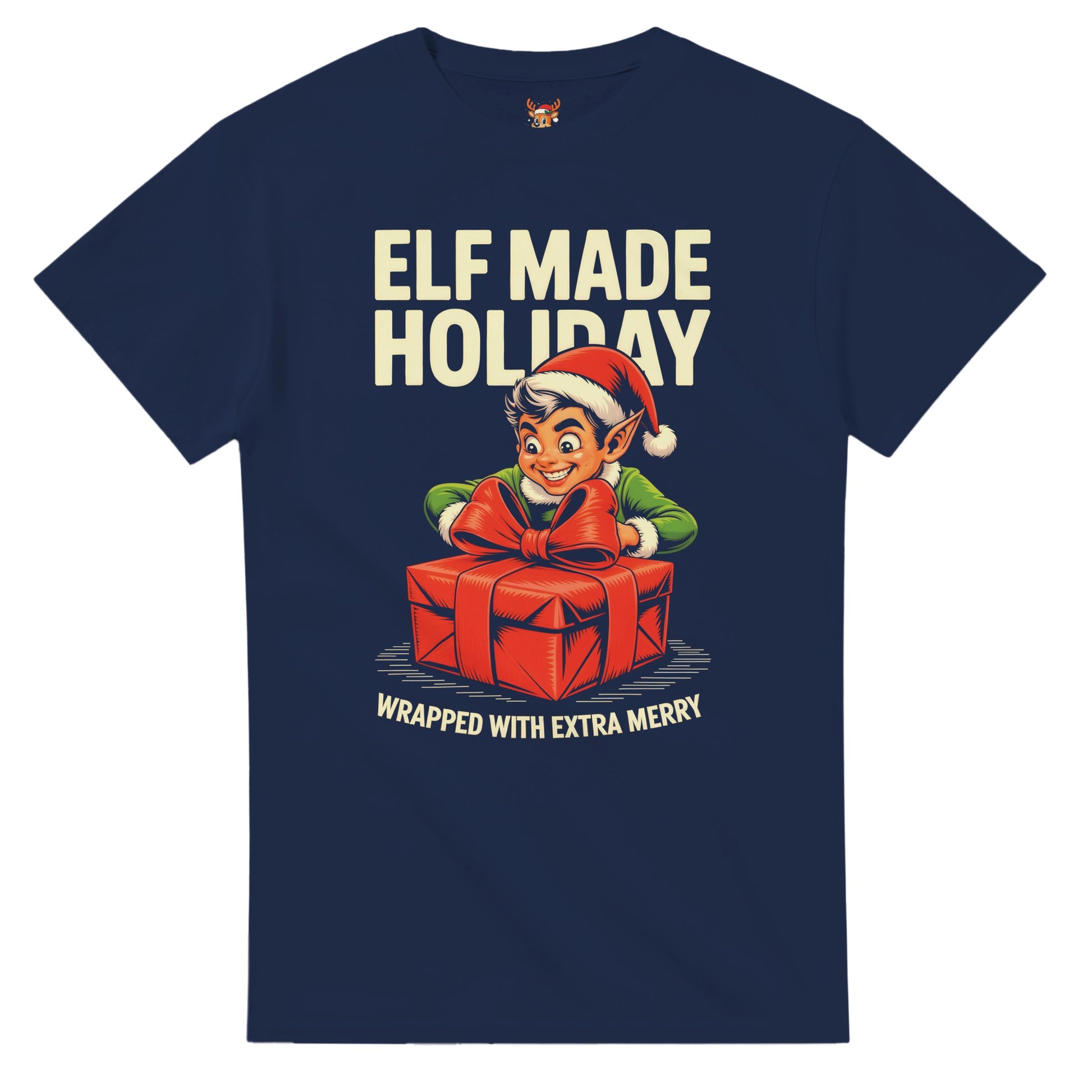 Unisex shirt with elf design in black or navy.