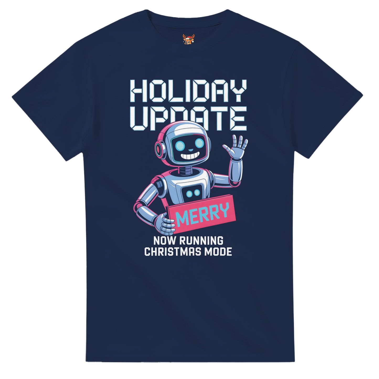 Unisex shirt with robot design in black or navy.
