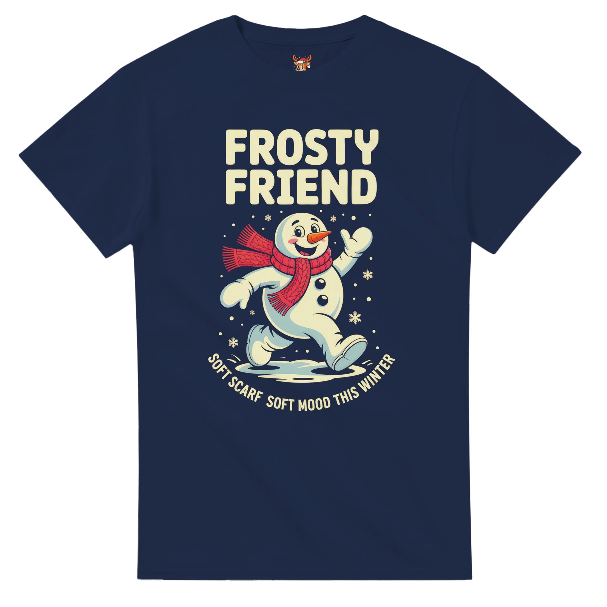 Unisex shirt with snowman design in black or navy.