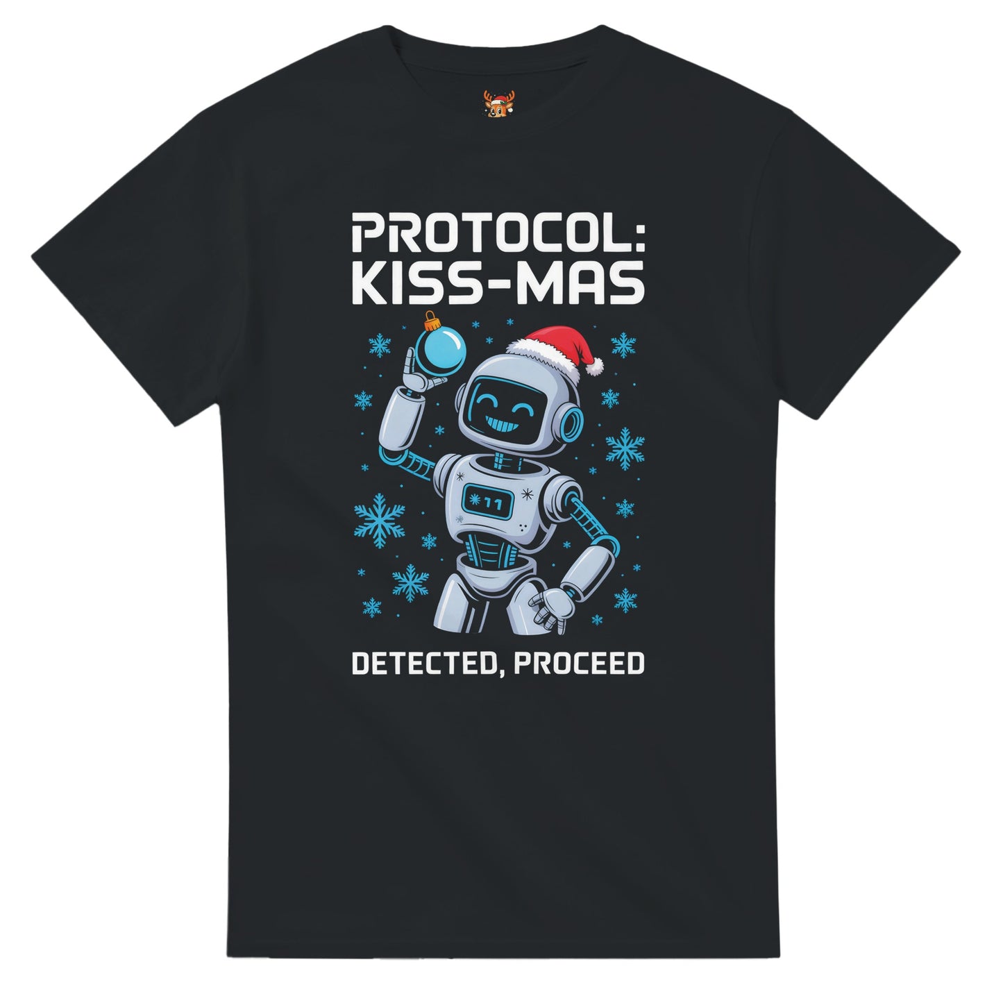 Unisex shirt with robot design in black or navy.