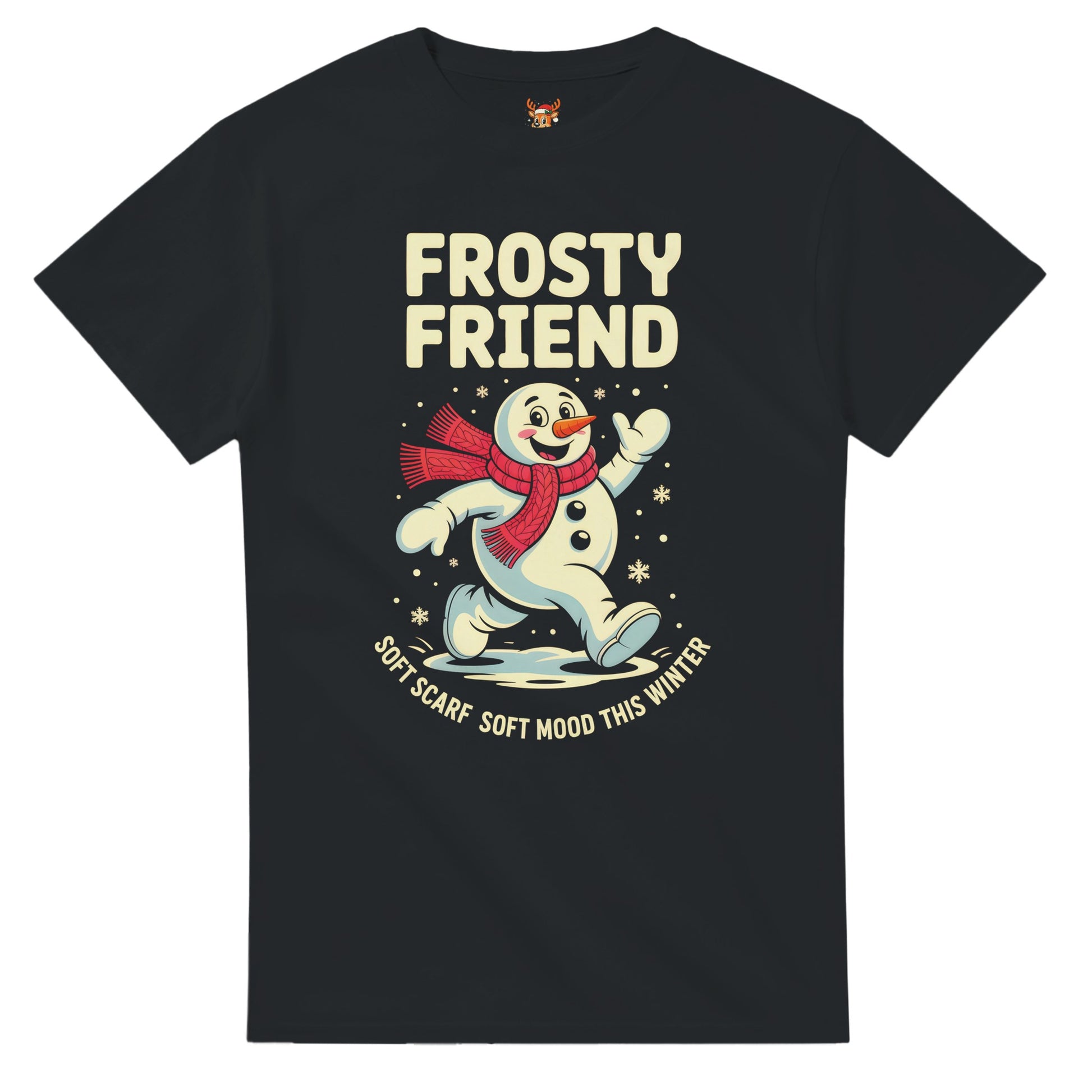 Unisex shirt with snowman design in black or navy.