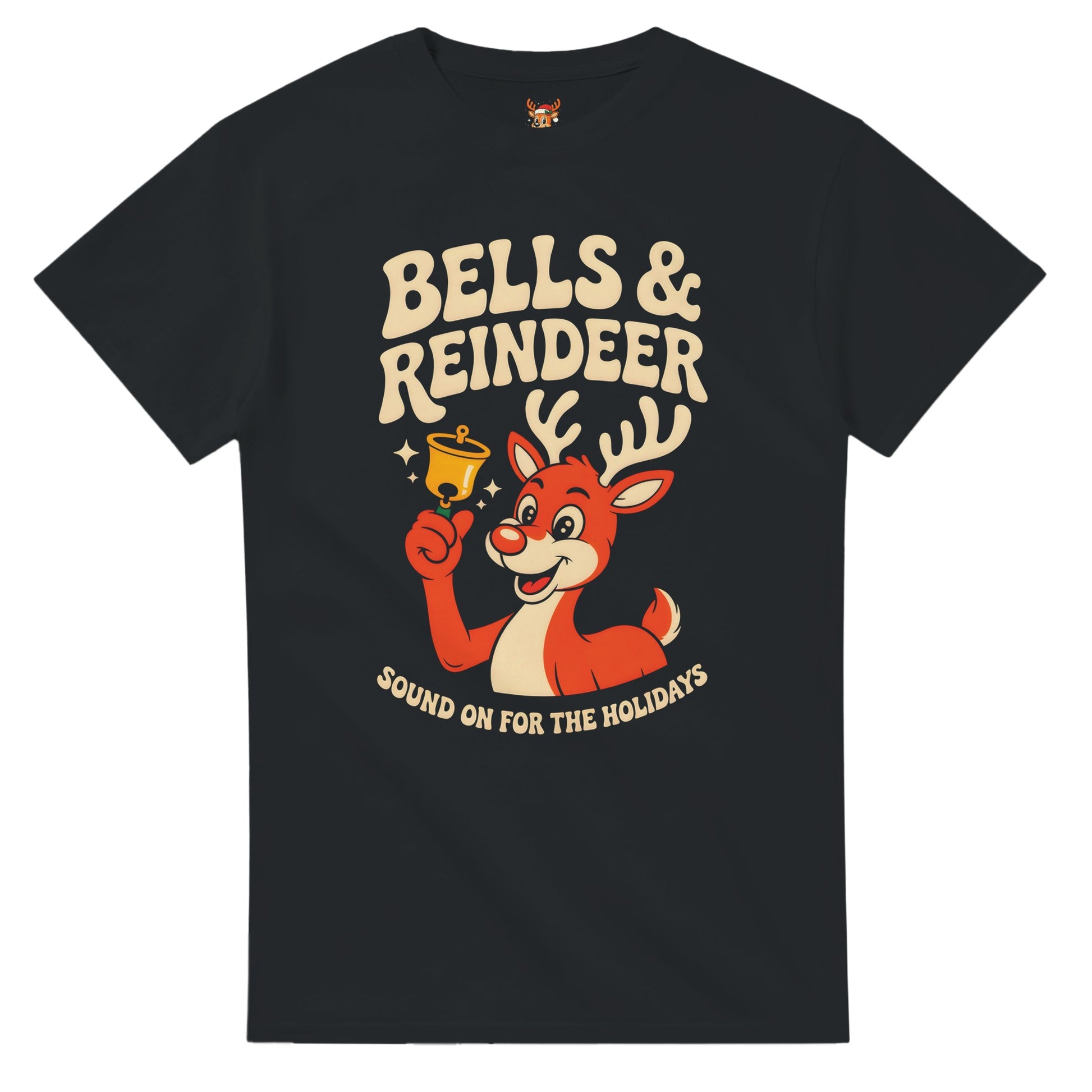 Unisex shirt with reindeer design in black or navy.