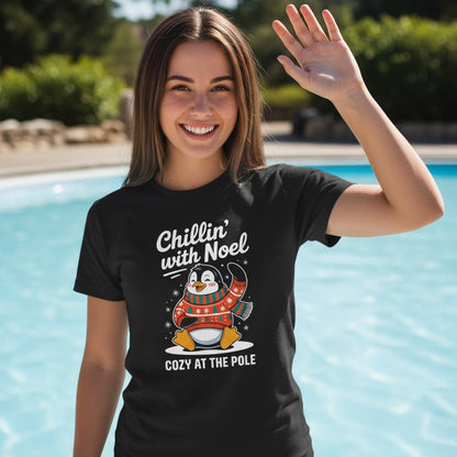 Unisex shirt with penguin design in black or navy.