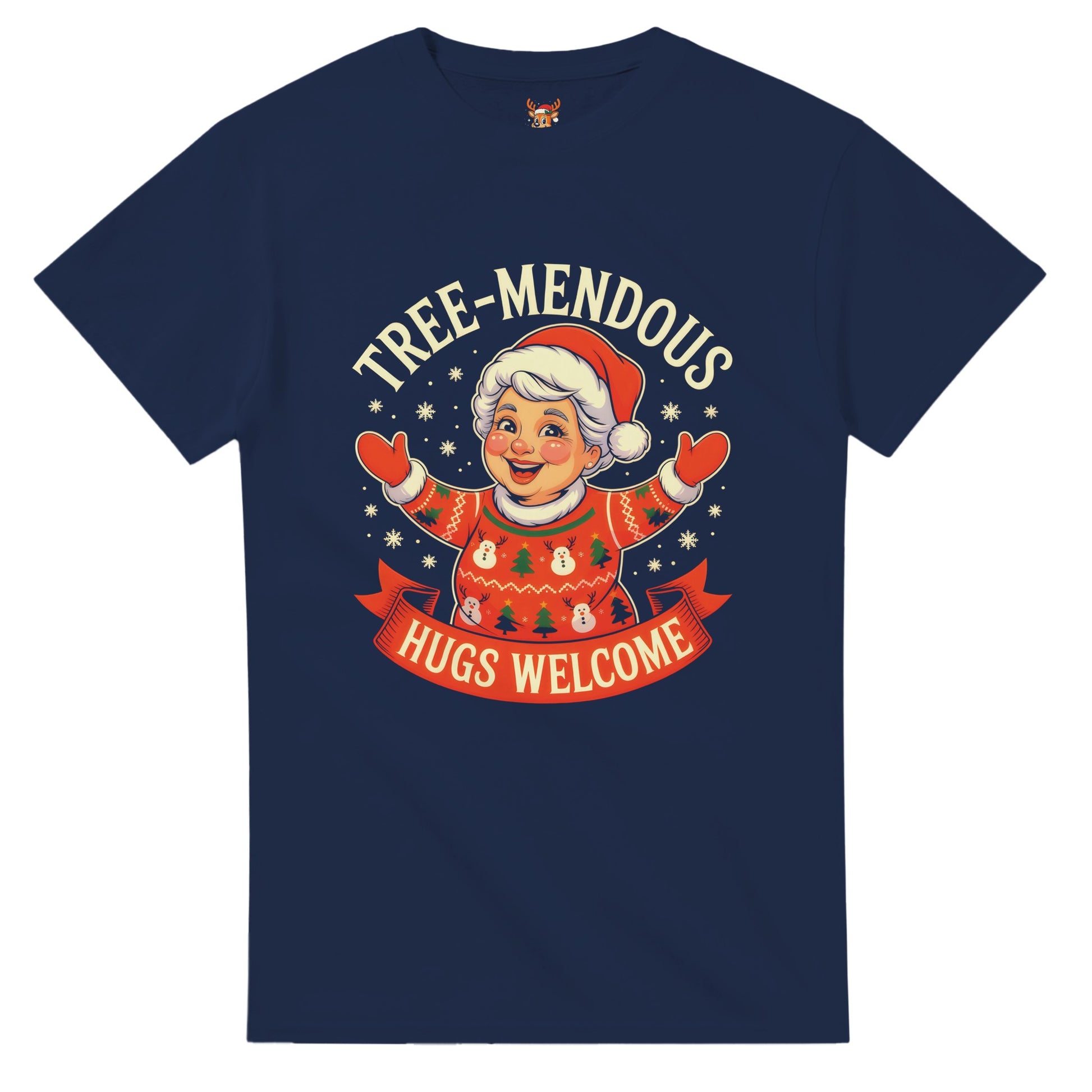 Unisex shirt with Mrs. Claus design in black or navy.