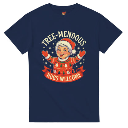 Unisex shirt with Mrs. Claus design in black or navy.
