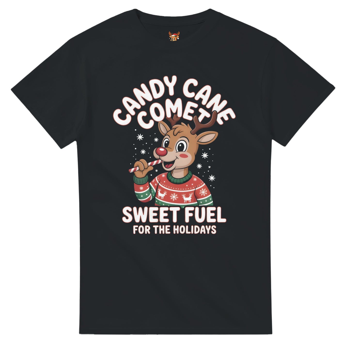 Unisex shirt with reindeer design in black or navy.