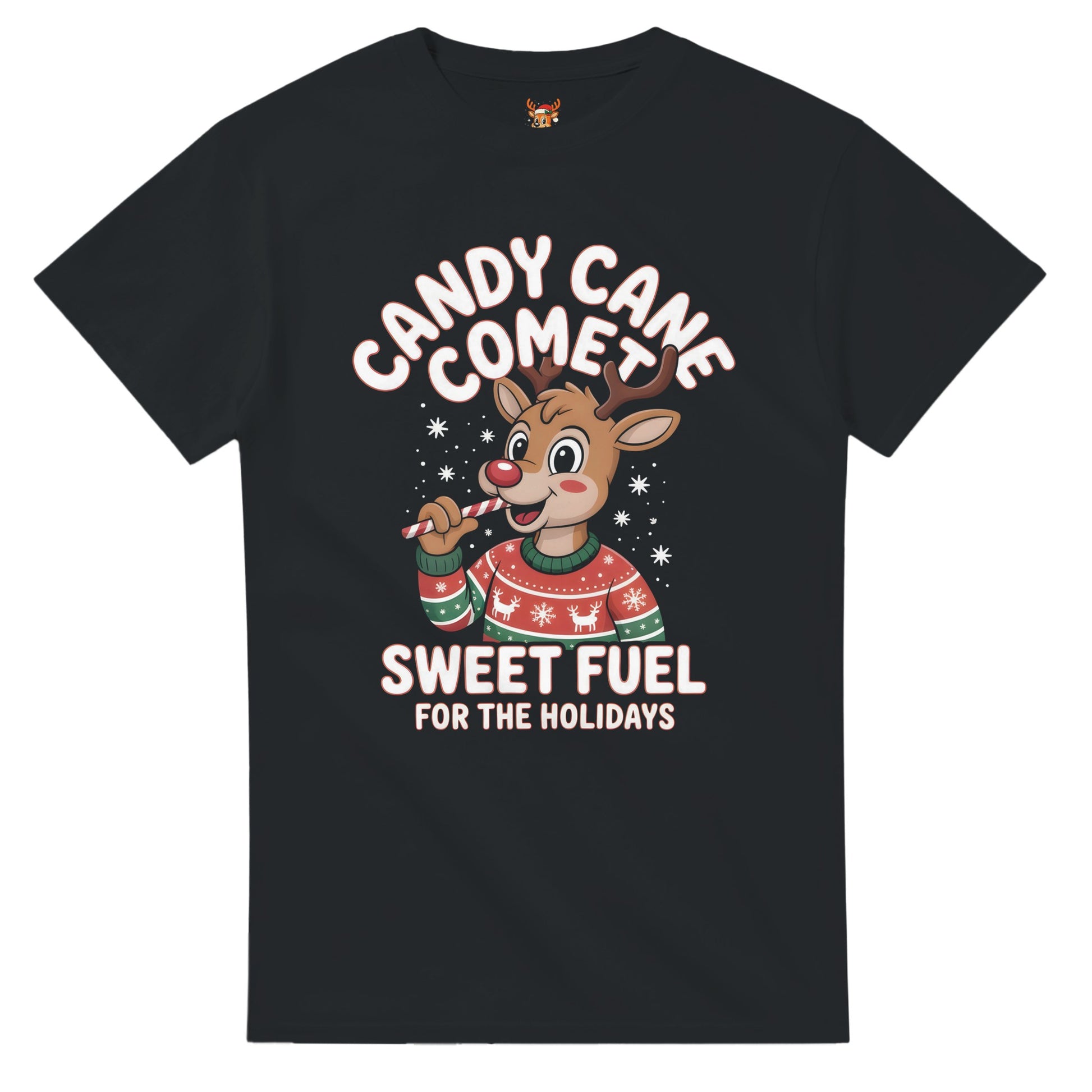 Unisex shirt with reindeer design in black or navy.