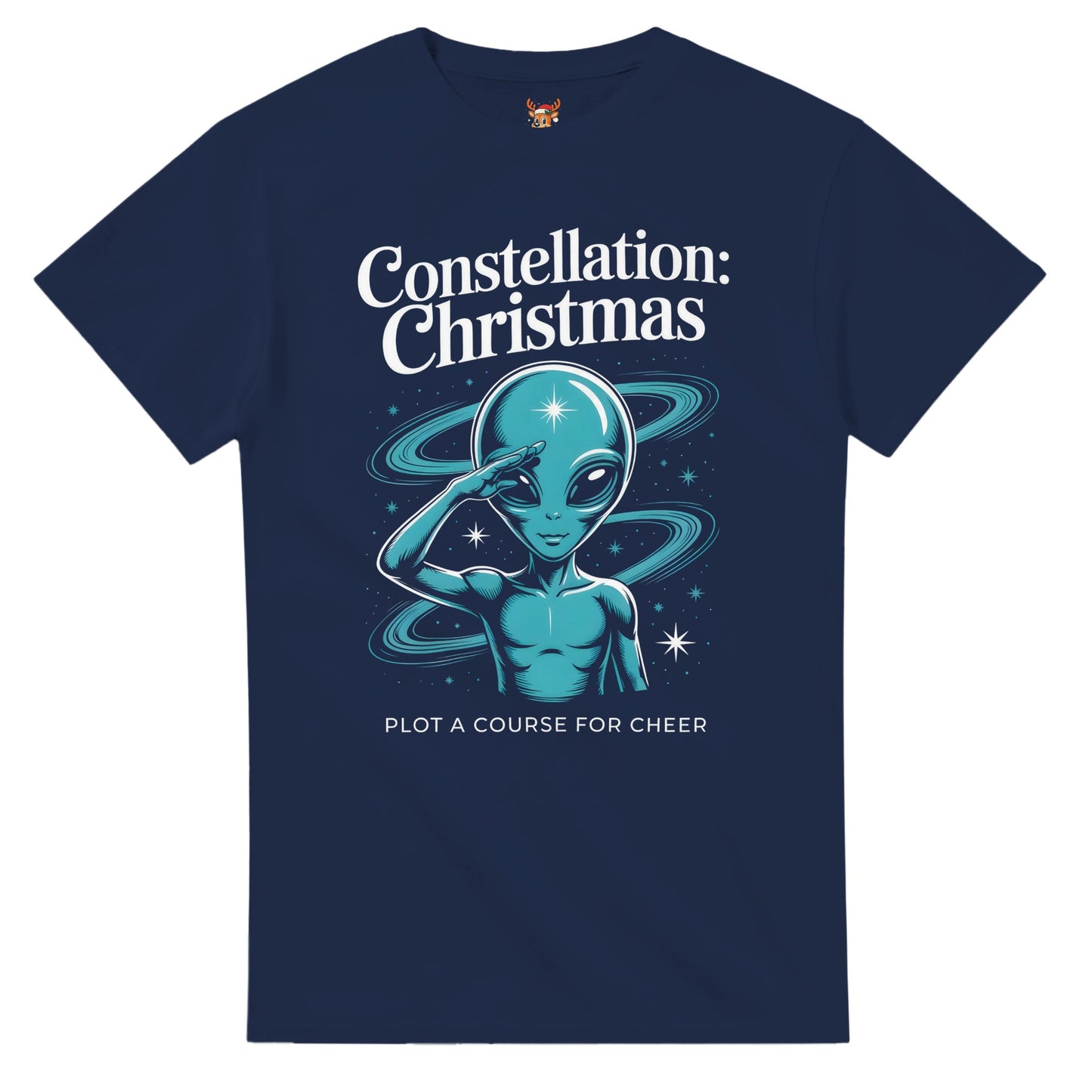 Unisex shirt with alien design in black or navy.