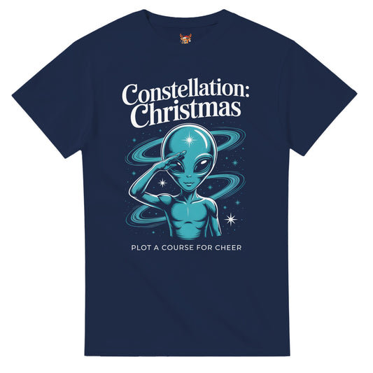 Unisex shirt with alien design in black or navy.