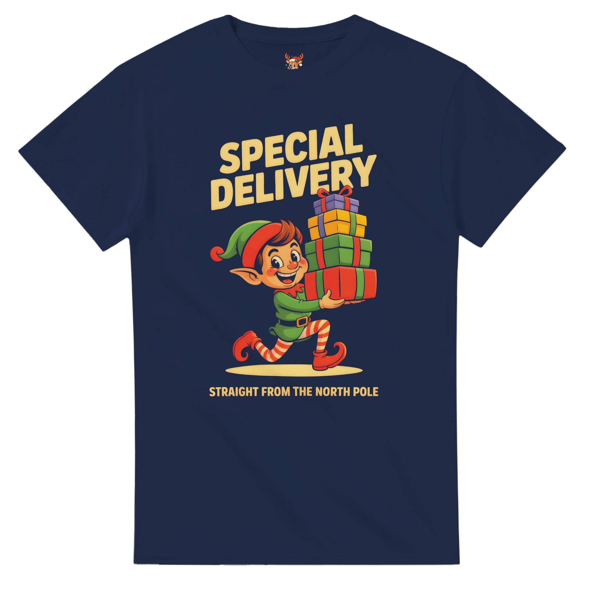 Unisex shirt with elf design in black or navy.