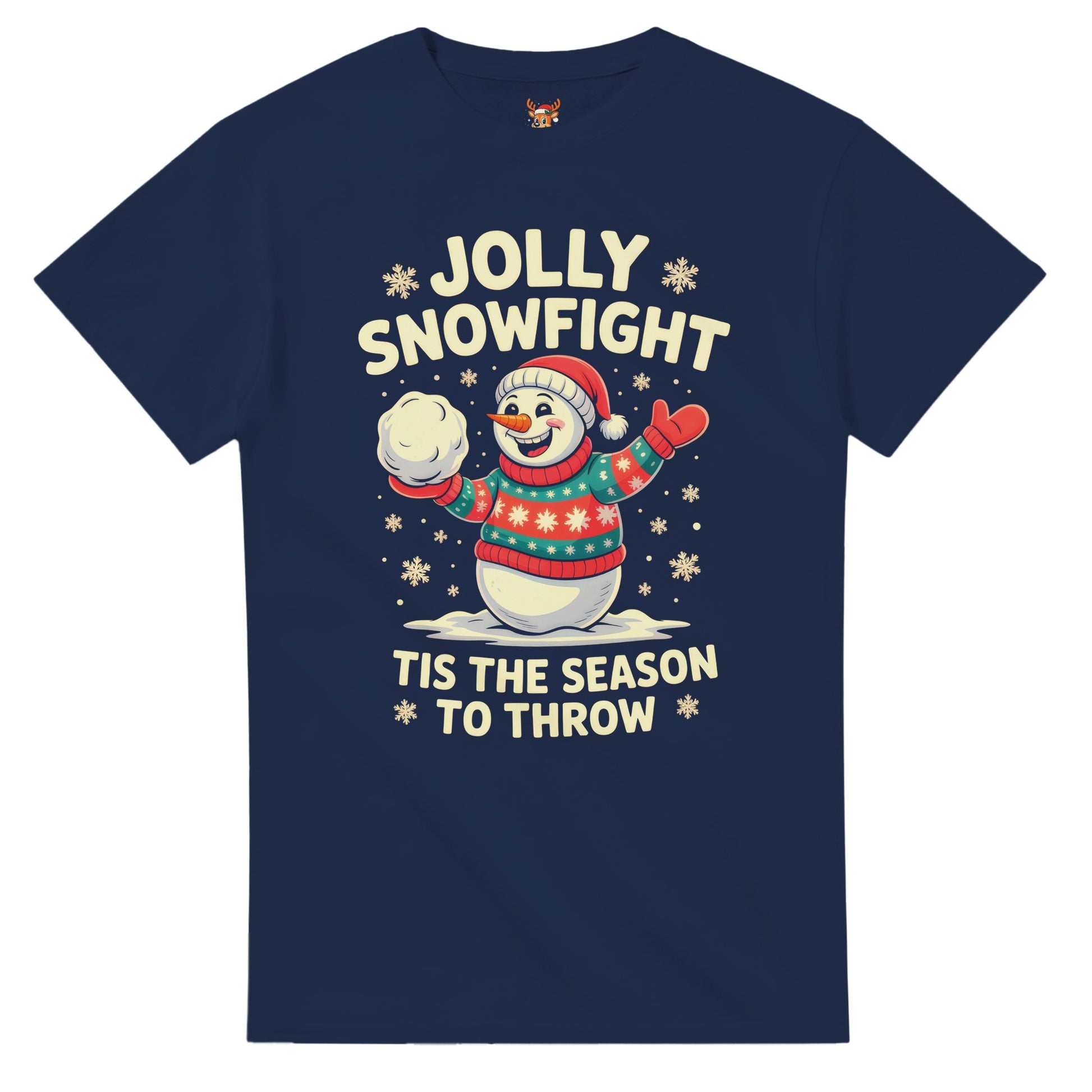 Unisex shirt with snowman design in black or navy.