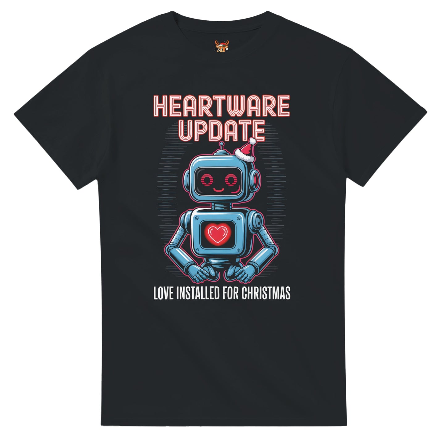 Unisex shirt with geeky robot design in black or navy.