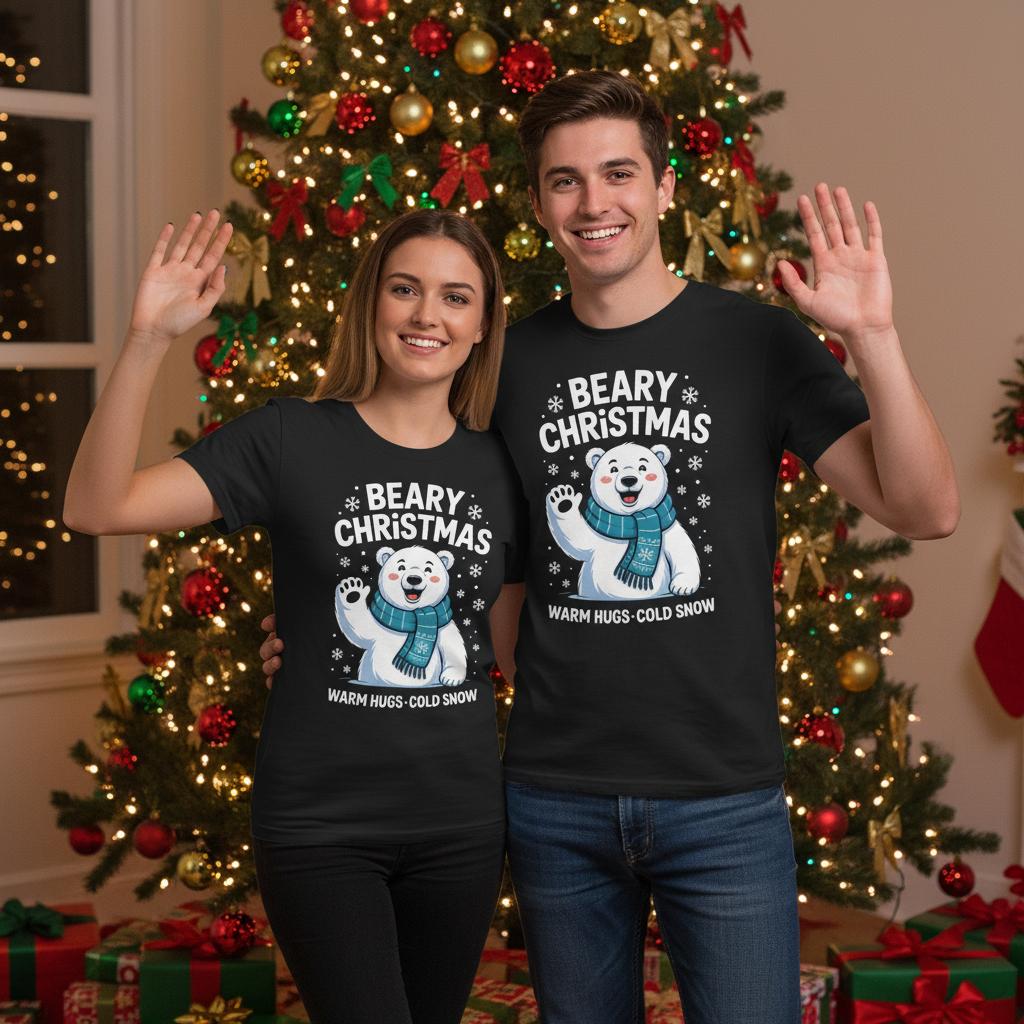 Unisex shirt with polar bear design in black or navy.