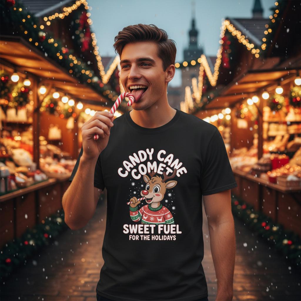 Unisex shirt with reindeer design in black or navy.