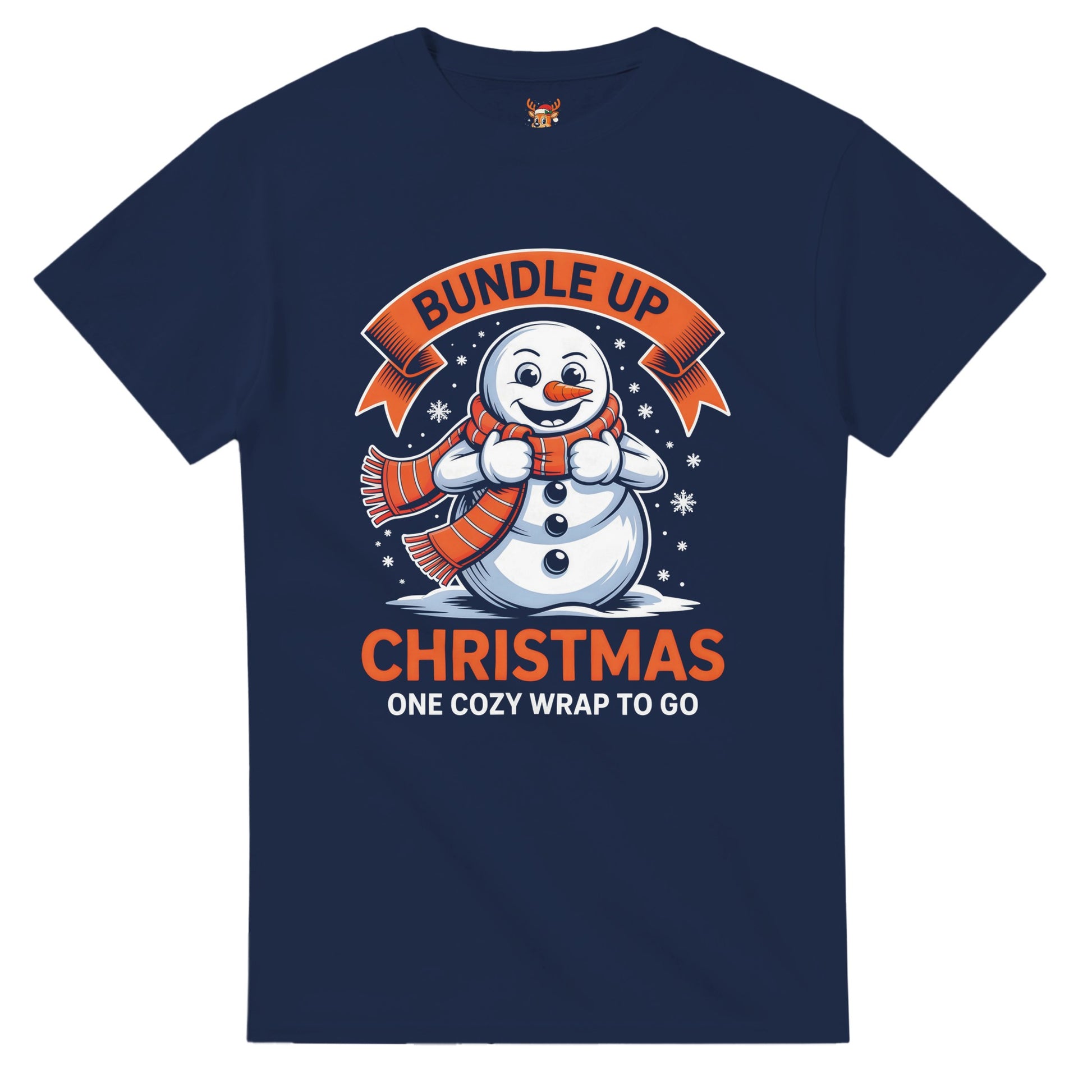 Unisex shirt with snowman design in black or navy.
