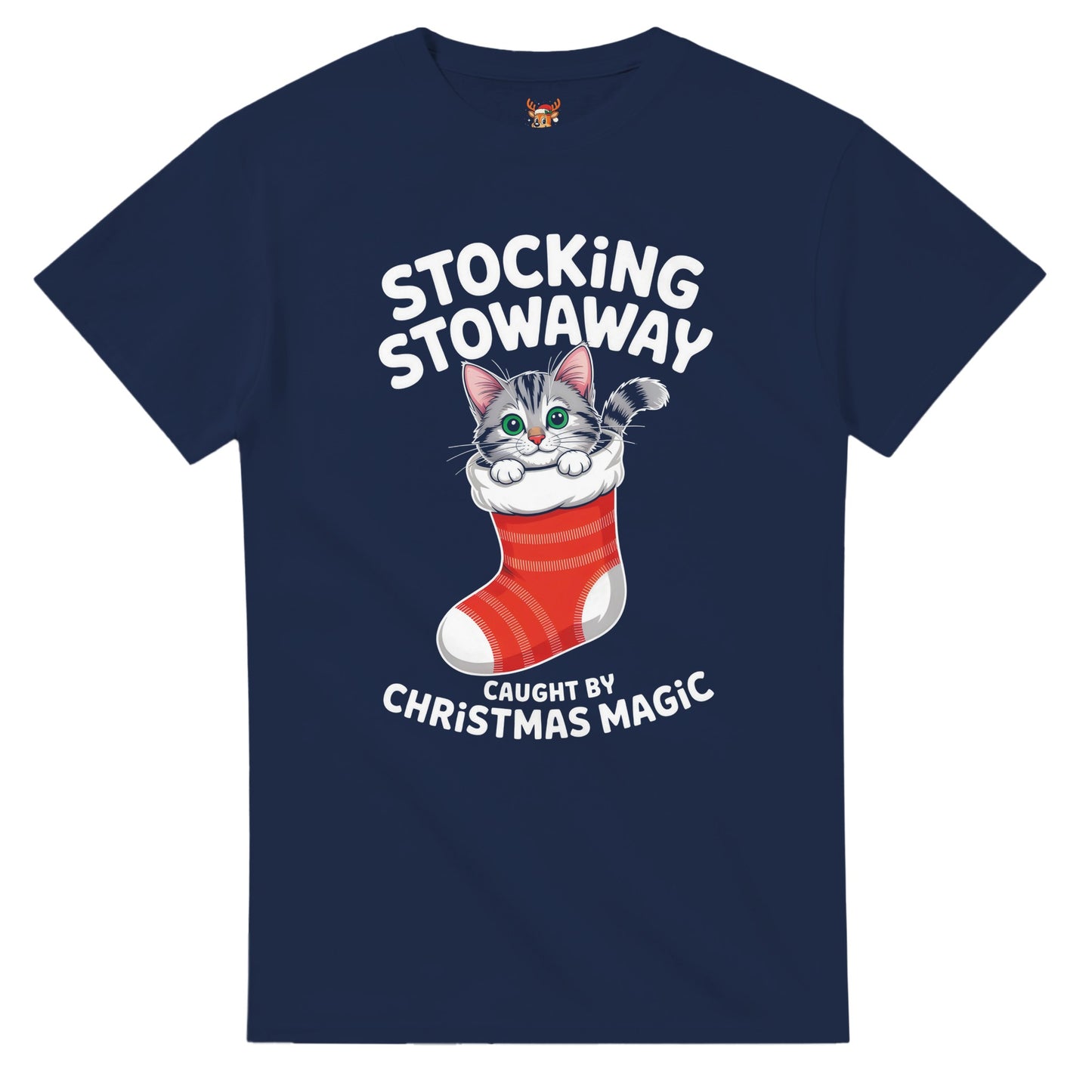 Unisex shirt with cat design in black or navy.