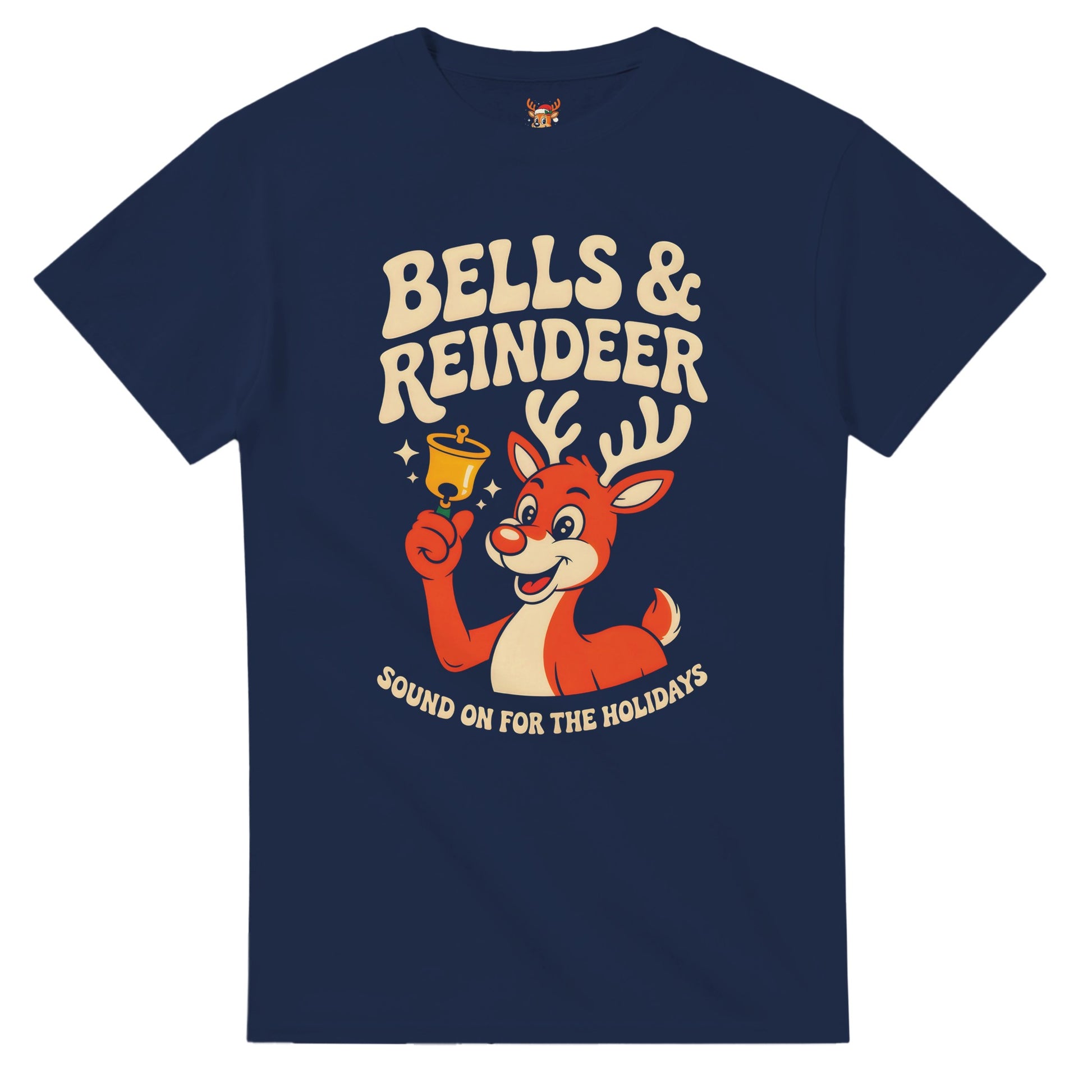 Unisex shirt with reindeer design in black or navy.