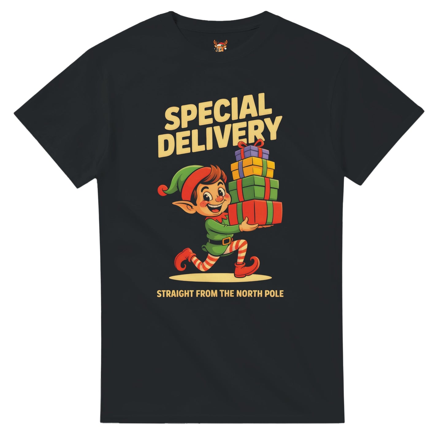 Unisex shirt with elf design in black or navy.